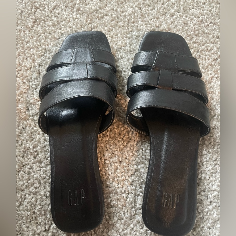 Black leather slides